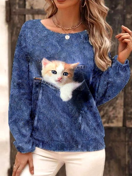

Casual Cat Loose Crew Neck Hoodie, Blue, Sweatshirts & Hoodies