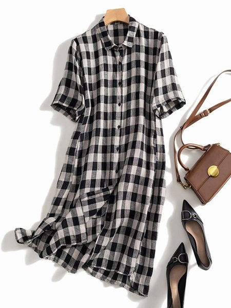 

Shirt Collar Plaid Casual Dress, Black, Dresses