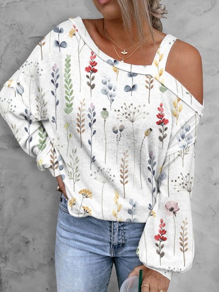 

Loose Casual One Shoulder Floral Sweatshirt, White, Sweatshirts & Hoodies