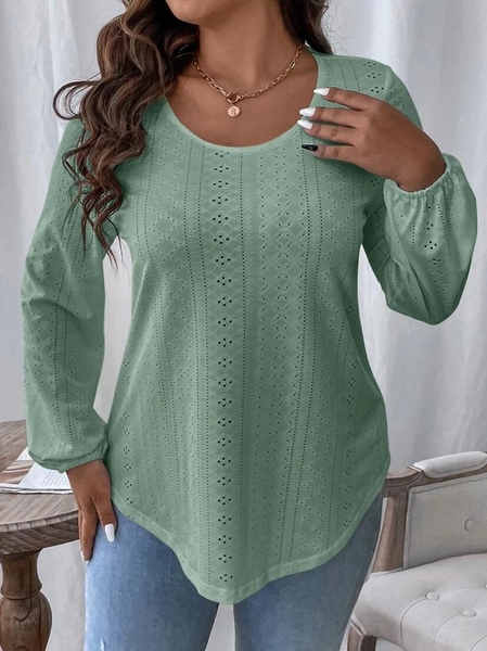 

Plus Size Jacquard Crew Neck Casual Plain T-Shirt, Green, Long Sleeves