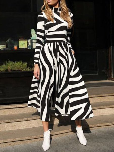 

Regular Fit Stand Collar Elegant Dress, Black-white, Maxi Dresses