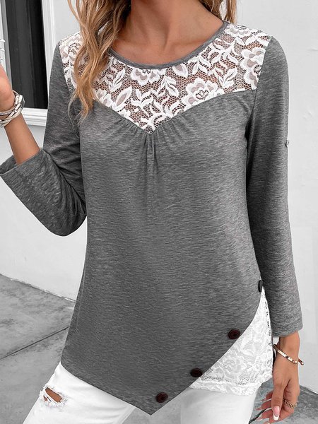 

Crew Neck Plain Casual Buckle T-Shirt, Gray, T-Shirts