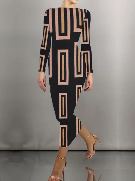 

High Elasticity Geometric Elegant Stand Collar Long Sleeve Tight Maxi Dress, Black, Maxi Dresses