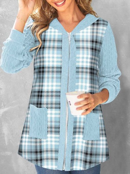 

Plaid Hoodie Casual Loose Jacket, Blue, Jackets