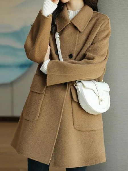 

Plain Buckle Long Sleeve Pockets Casual Shawl Collar Coat, Khaki, Coats
