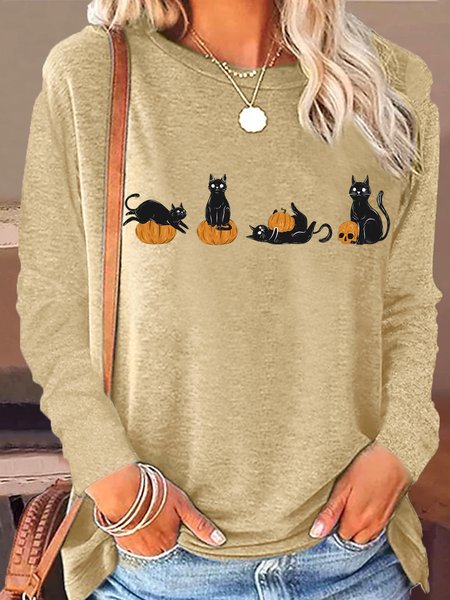 

Women's Cool Halloween Cat Casual Crew Neck Shirt, Khaki, Long sleeves