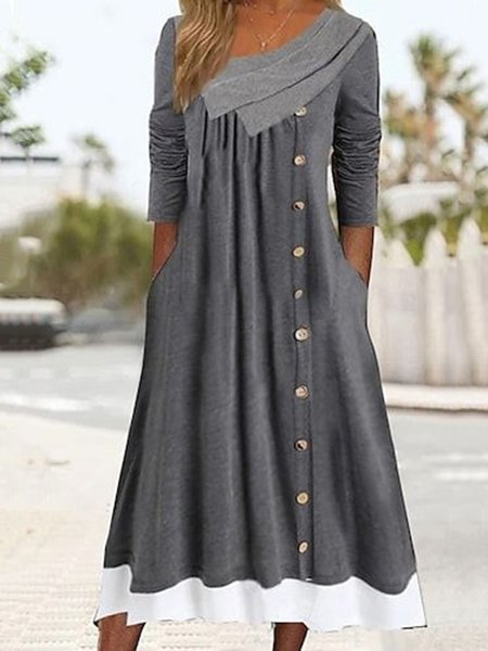 

Plain Casual Buckle Pockets Split Joint Long Sleeve Maxi Dress, Gray, Midi Dresses