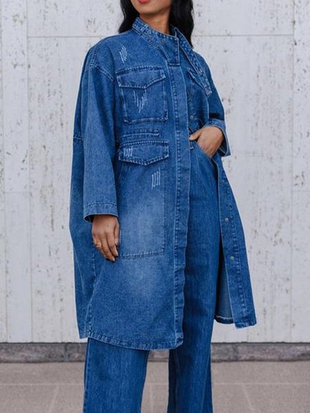 

Loose Plain Urban Stand Collar Denim Coat, Blue, Jackets