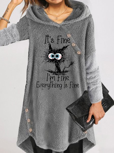 

Women's Funny I Am Fine Black Cat Letter Plush Hooded Dress, Gray, Dresses