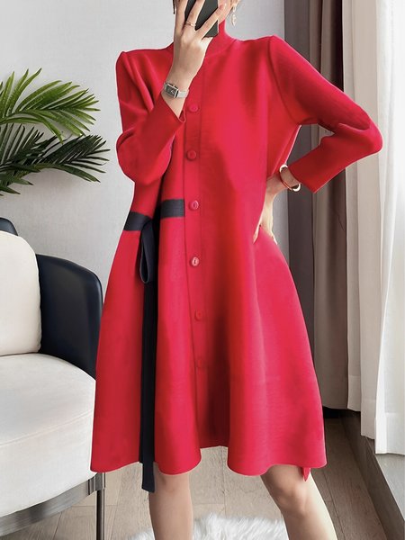 

Regular Fit Elegant Color Block Stand Collar Dress, Red, Midi Dresses