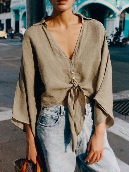 

Loose V Neck Plain Casual Blouse, Brown, Blouses and Shirts