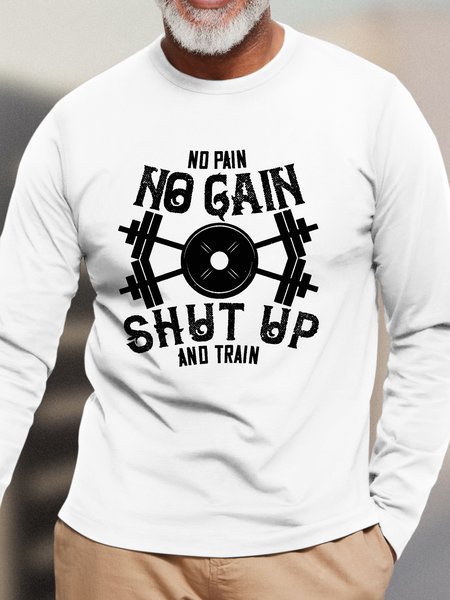 

Men’s DumbbellCasual Text Letters Crew Neck Top, White, Long Sleeves