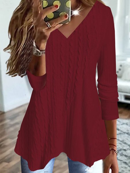 

V Neck Loose Plain Patchwork Fabric Casual Tunic Top, Wine red, Shirts & Blouses