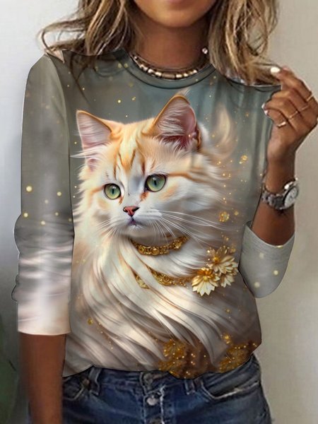 

Knitted Cat Crew Neck Casual T-Shirt, Gray, T-Shirts