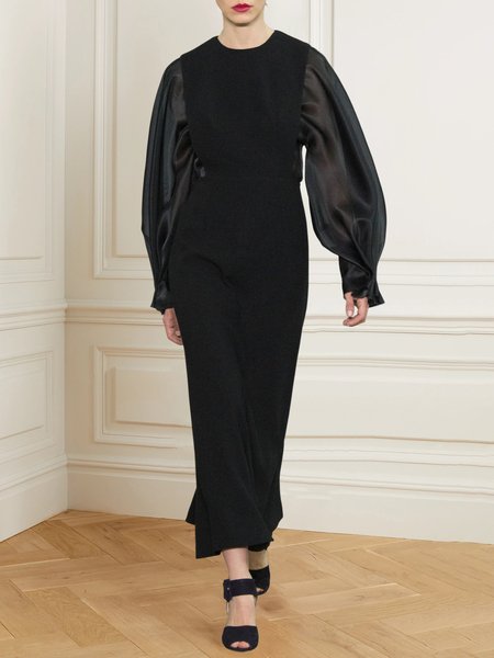 

Crew Neck Plain Elegant Regular Fit Dress, Black, Maxi Dresses