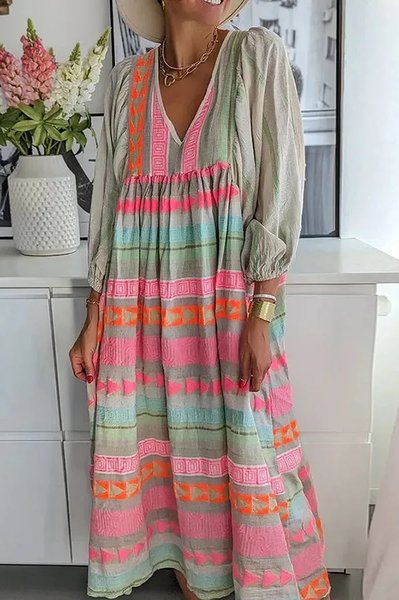 

JFN Cotton & Linen Geometric Color Block Printed A-line Midi Dress, Red, Dresses