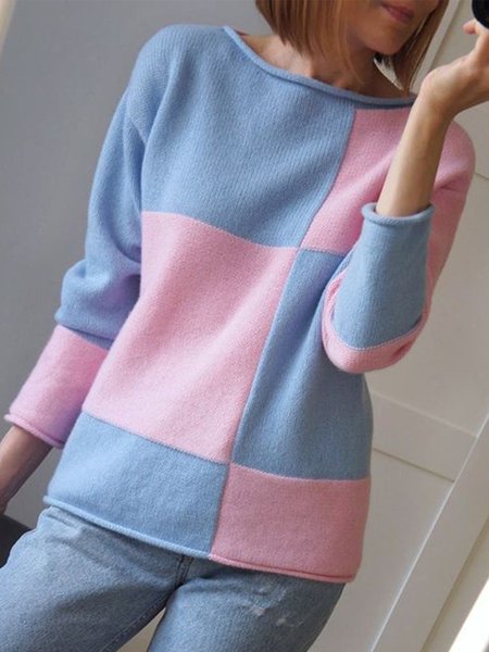 

Color Block Casual Crew Neck Sweater, Blue, Sweaters