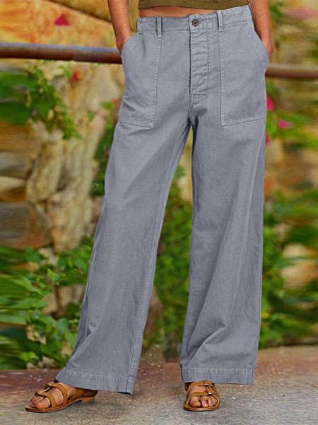 

Casual Plain Linen Cargo Pants, Gray, Pants