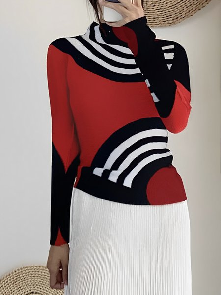 

Long Sleeve Urban Geometric Turtleneck T-Shirt, Red, Tees