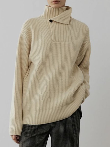 

Long Sleeve Urban Asymmetrical Plain Sweater, Apricot, Pullovers