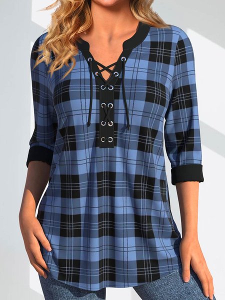 

Knitted V Neck Cross Casual Shirt, Blue, Shirts & Blouses