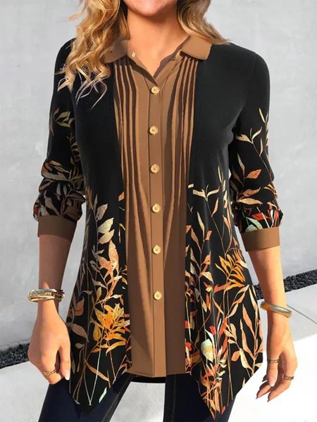 

Floral Loose Buttoned Casual Shirt, Deep khaki, Shirts & Blouses