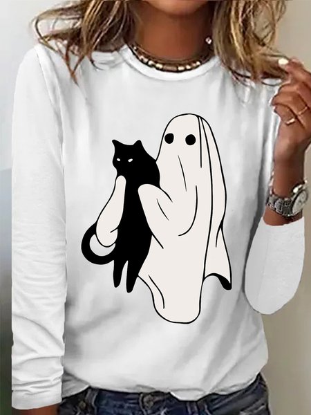 

Women's Casual Halloween Ghost Cats Shirt, White, Long sleeves