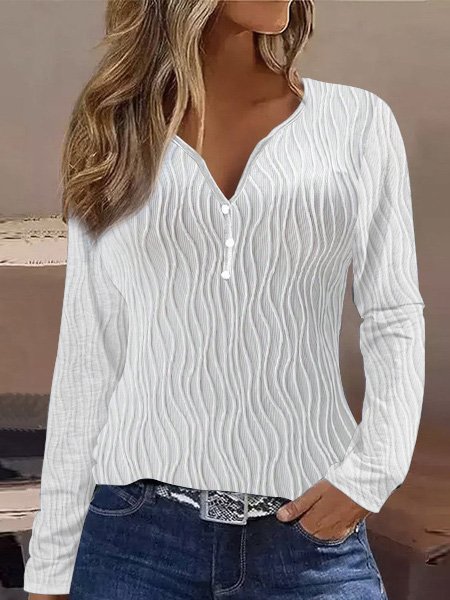 

V Neck Casual Knitted Shirt, White, Shirts & Blouses