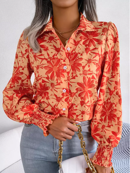 

Floral Shirt Collar Casual T-Shirt, Orange, Shirts & Blouses