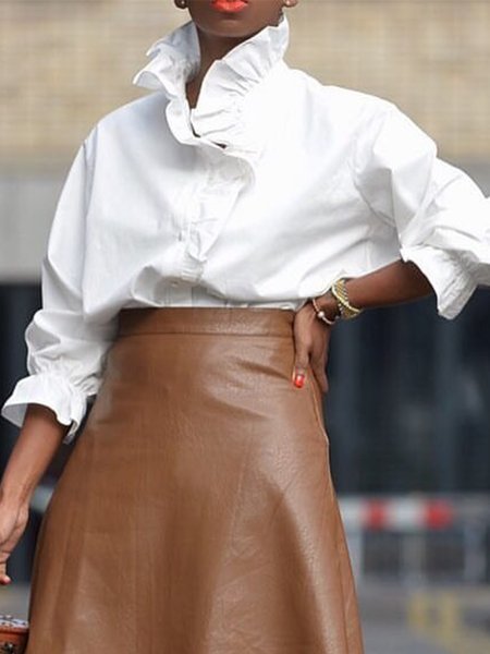 

Lotus Leaf Collar Urban Plain Long Sleeve Blouse, White, Blouses and Shirts