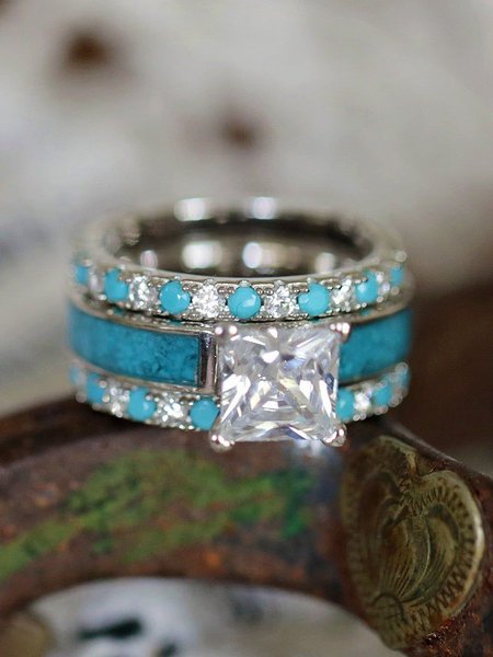 

Rhinestone Imitation Blue Turquoise Ring Sets, As picture, Rings