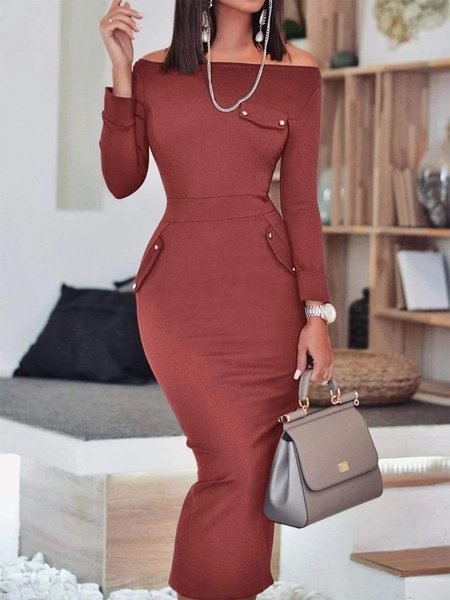 

Plain Cold Shoulder Tight Elegant Dress, Red brown, Midi Dresses