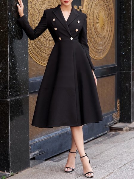 

Plain Lapel Collar Elegant Regular Fit Dress, Black, Midi Dresses