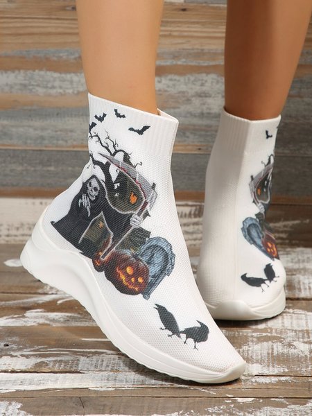 

Halloween Skeleton Pumpkin Bat Graphic High Elastic Comfort Fly Knit Sock Boots, White, Boots