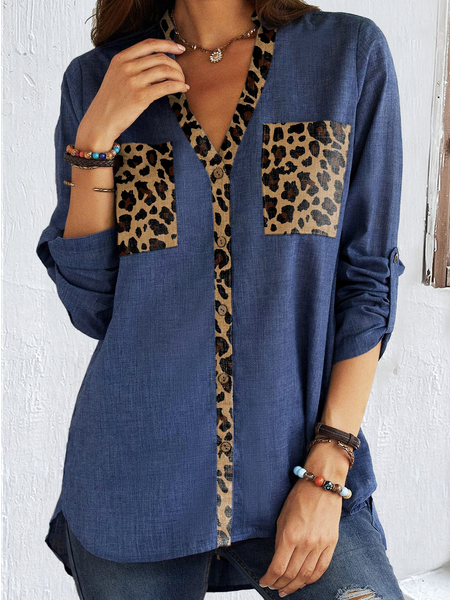 

Casual Loose Leopard V Neck Blouse, Dark blue, Shirts & Blouses
