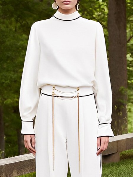 

Color Block Regular Fit Stand Collar Shirt, White, Blouses and Shirts
