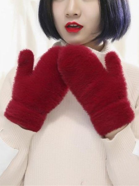 

Solid Color Plush Warm Mittens, Red, Women Gloves