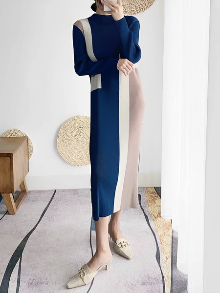 

Long Sleeve Regular Fit Urban Geometric Dress, Blue, Maxi Dresses