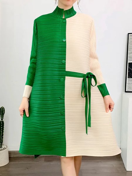 

Micro Pleat Loose Stand Collar Urban Dress With Belt, Green, Mini Dresses
