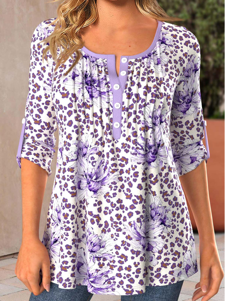 Casual Regular Fit Crew Neck Leopard Shirt, Purple, Shirts & Blouses