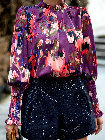 

Stand Collar Long Sleeve Geometric Regular Regular Fit Shirt For Women, Purple, Blouses