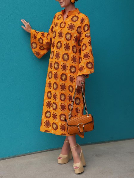

Stand Collar Loose Elegant Geometric Dress, Orange, Maxi Dresses