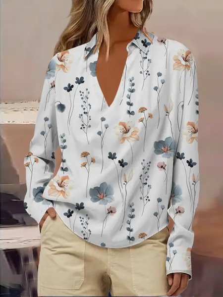 

Floral V Neck Loose Casual Shirt, White, Shirts & Blouses