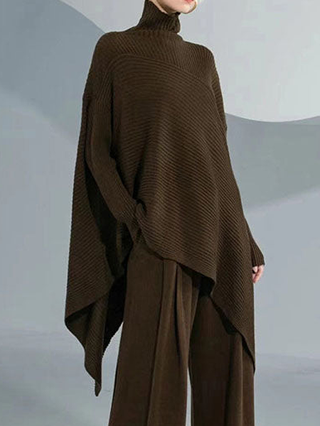 

Micro-Elasticity Plain Turtleneck Long Sleeve Urban Loose Mid-long Sweater, Brown, Pullovers