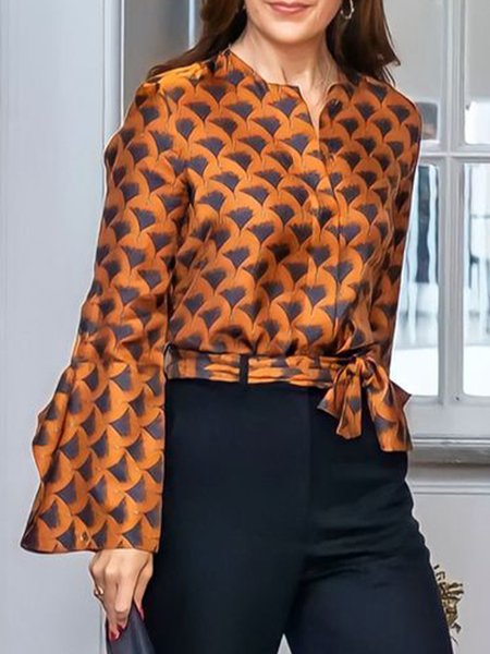 

Long Sleeve Elegant Plants Crew Neck Blouse, As picture, Blouses and Shirts