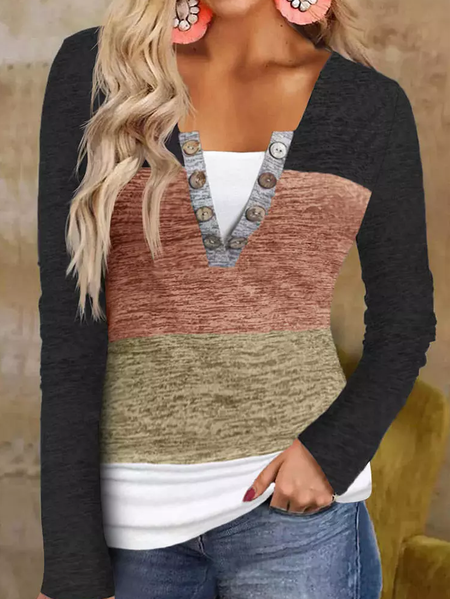 

Casual Color Block Buckle V Neck T-Shirt, Black, T-Shirts