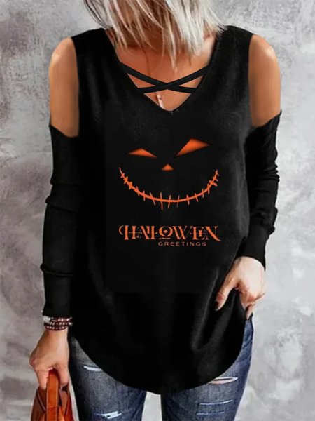 

V Neck Halloween Casual T-Shirt, Black, T-Shirts