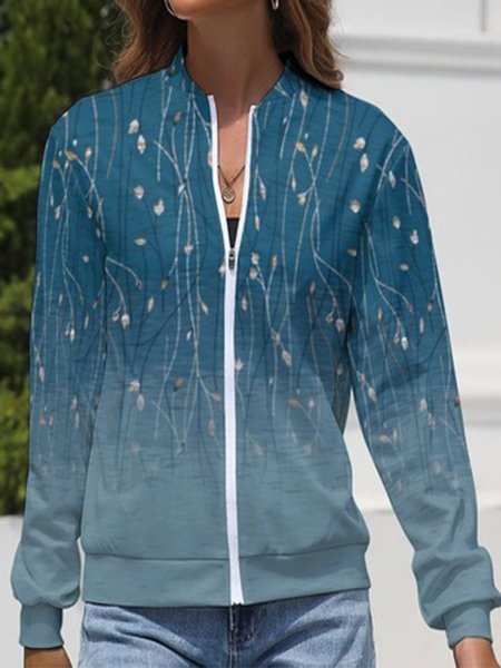 

Long Sleeve Floral Zipper Regular Micro-Elasticity Loose Jacket For Women, Blue, Jackets