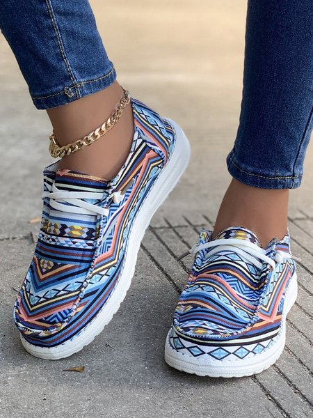 

Colorful Ethnic Geometric Lace-up Canvas Flats, Blue, Flats