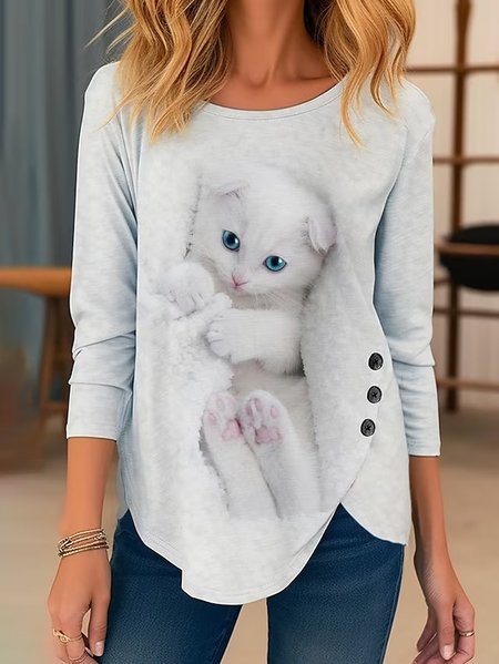 

Loose Casual Cat Crew Neck T-Shirt, White, T-Shirts